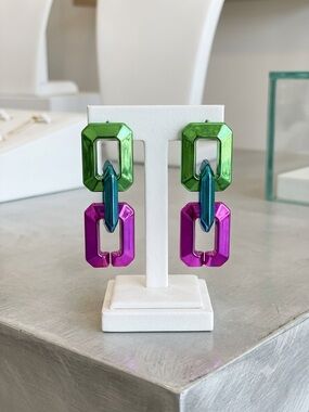 Colorblock Green, Blue & Purple Geometric Drop Earrings Y2K Retro